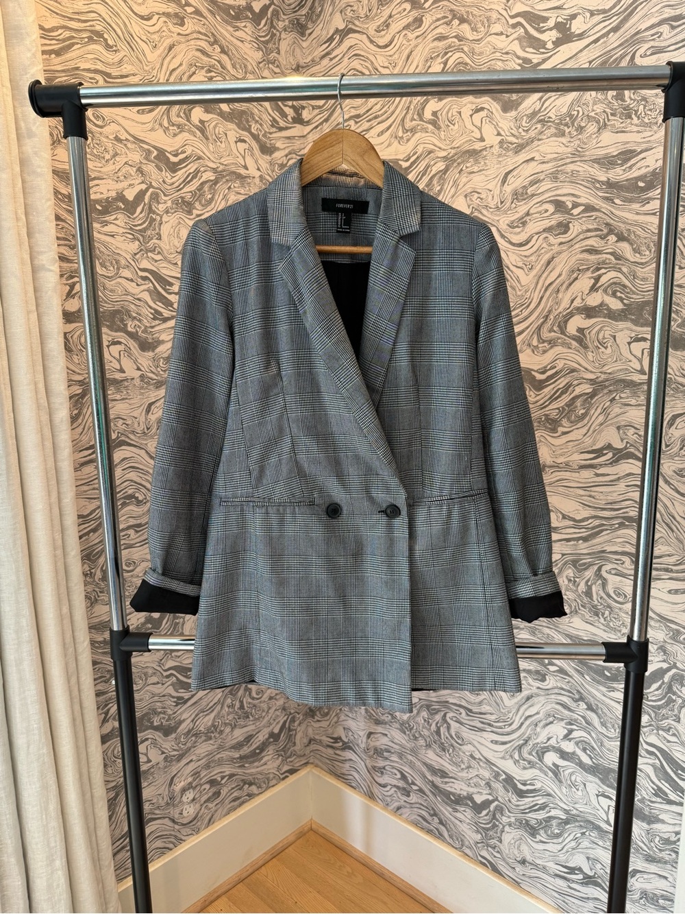 Checked Double-Breasted Women's Blazer Jacket - Black & White